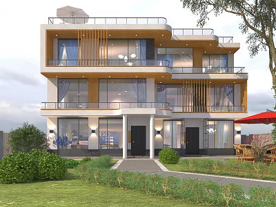 Modern Detached Villa Exterior Design With Large Glass Windows Balconies And Lush Greenery 3d model
