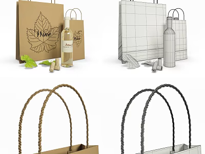 Brown Leaf Pattern And White Grid Design Wine Bags With Rope Handles And Accessories 3d model