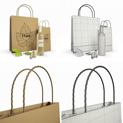 Brown Leaf Pattern And White Grid Design Wine Bags With Rope Handles And Accessories 3d model