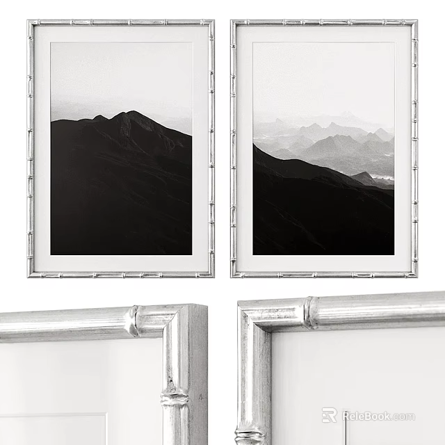 Silver Metal Photo Frames With Black And White Mountain Prints For Wall Decor 3d model 