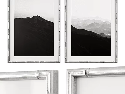 Silver Metal Photo Frames With Black And White Mountain Prints For Wall Decor 3d model
