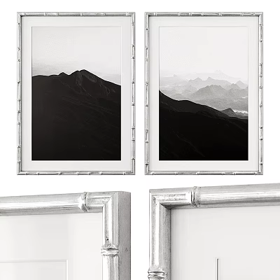 Silver Metal Photo Frames With Black And White Mountain Prints For Wall Decor 3d model