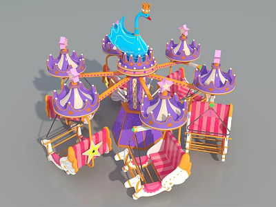 Amusement Park Carousel With Blue Swan Crown Purple Pink Decorations Stars And Striped Seats 3d model
