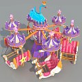 Amusement Park Carousel With Blue Swan Crown Purple Pink Decorations Stars And Striped Seats