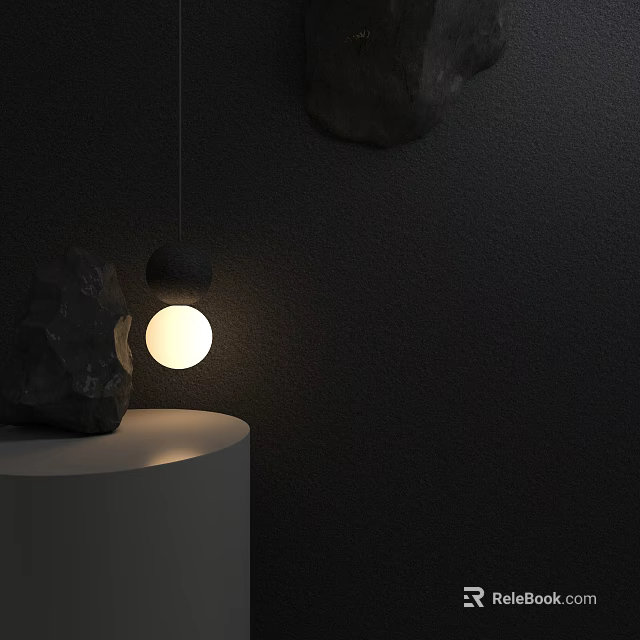 Decorative Hanging Light With Two Spherical Design White Cylindrical Base Black Stone And Dark Wall 3d model 