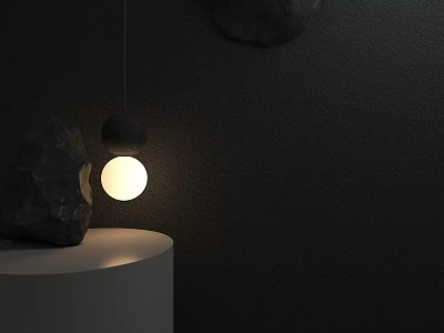 Decorative Hanging Light With Two Spherical Design White Cylindrical Base Black Stone And Dark Wall 3d model