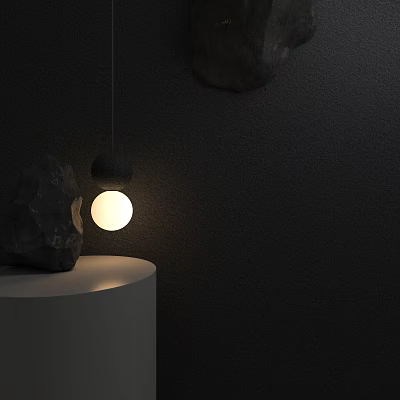 Decorative Hanging Light With Two Spherical Design White Cylindrical Base Black Stone And Dark Wall 3d model