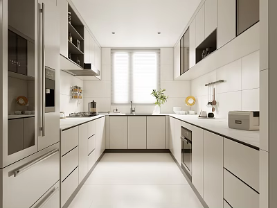 Bright Modern White Kitchen Interior With Clean Countertop Window And Cabinets 3d model