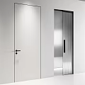 Modern Minimalist Swing Door With Wooden White Silver Designs And Black Handles
