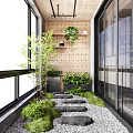 Home Balcony Natural Design With Perforated Wood Panel Green Plants Stone Stepping Path Moss Pebbles