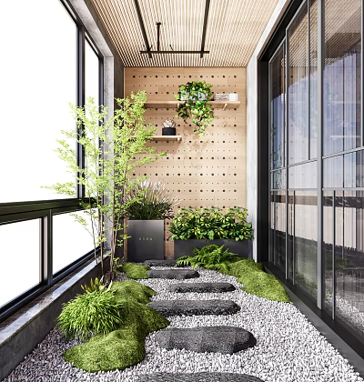 Home Balcony Natural Design With Perforated Wood Panel Green Plants Stone Stepping Path Moss Pebbles 3d model