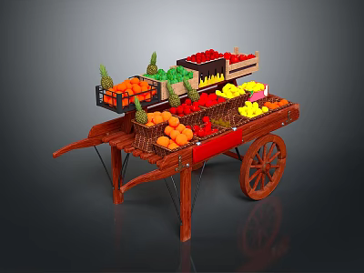 Vintage Wooden Fruit Cart with Fresh Pineapple Orange Strawberry and Banana 3d model