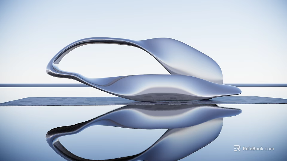 Elegant Modern Silver Streamlined Sculpture With Curved Design On Water Surface Reflection 3d model