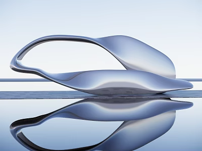 Elegant Modern Silver Streamlined Sculpture With Curved Design On Water Surface Reflection 3d model
