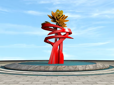 Stone Pavement Sidewalk With Red Spiral Structure Golden Flower Top And Surrounding Water Pool 3d model
