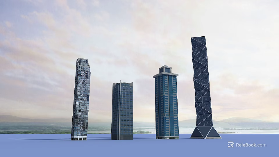 Tall Modern Office Buildings Featuring Distinctive Designs And Glass Facades In Urban Setting 3d model 