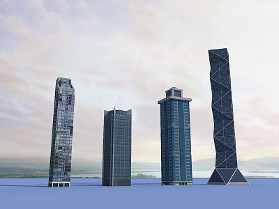 Tall Modern Office Buildings Featuring Distinctive Designs And Glass Facades In Urban Setting 3d model