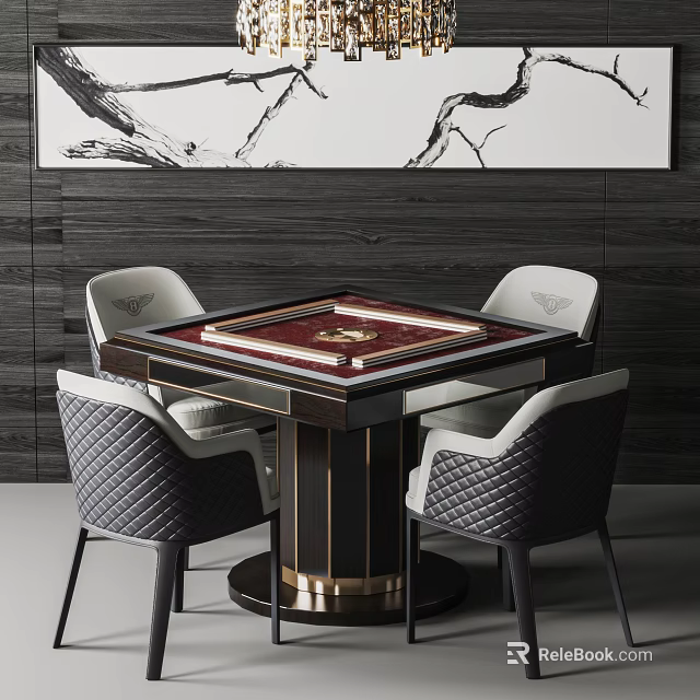 Modern Luxury Entertainment Table With Mahogany Frame Four Quilted Chairs And Marble Wall 3d model 