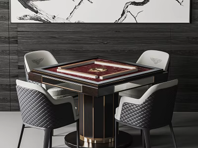 Modern Luxury Entertainment Table With Mahogany Frame Four Quilted Chairs And Marble Wall 3d model