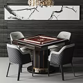 Modern Luxury Entertainment Table With Mahogany Frame Four Quilted Chairs And Marble Wall