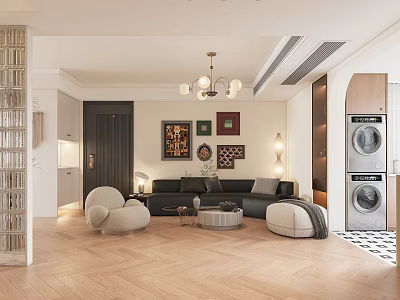 Modern Open Concept Living Dining Room Interior With Sofa Wall Art Chandelier And Wooden Flooring 3d model
