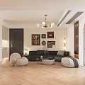 Modern Open Concept Living Dining Room Interior With Sofa Wall Art Chandelier And Wooden Flooring