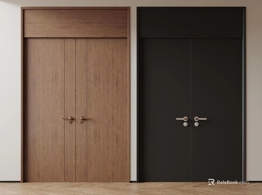 Brown And Black Wooden Double Doors With Metal Handles In Modern Interior Design 3d model 