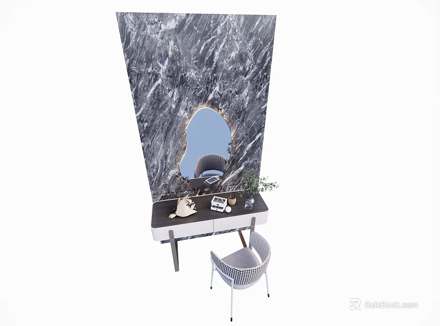 Modern Dressing Table With Marble Mirror Backdrop And Decorative Chair Items 3d model