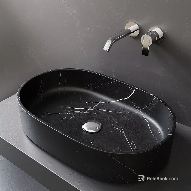 Black Marble Oval Washbasin With Silver Wall Mounted Faucet On Gray Countertop 3d model 