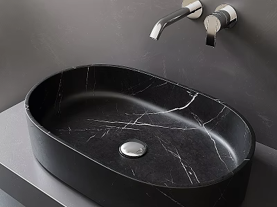 Black Marble Oval Washbasin With Silver Wall Mounted Faucet On Gray Countertop 3d model