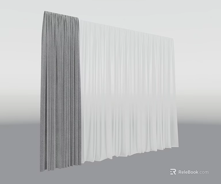 Gray Thick Textured And White Sheer Curtains With Light Filtering For Home Windows 3d model 