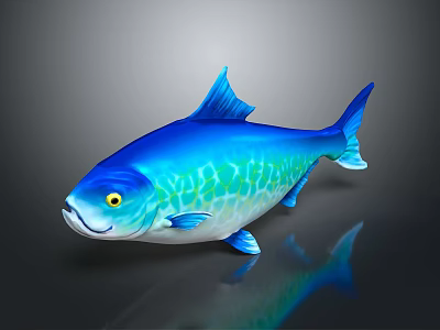 Blue Green Fish With Shiny Scales 3D Render On Dark Isolated Background With Reflection 3d model