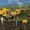 Outdoor Sports Equipment with Yellow Hexagonal and Orange Curved Structures in Park for Children Playing