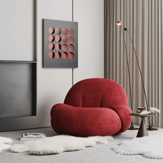 Red Single Sofa Living Room with Circular Wall Art Floor Lamp and Side Table 3d model 