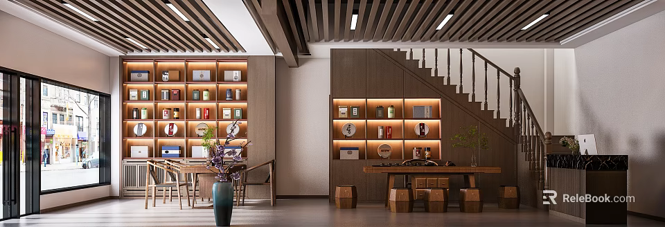 Specialty Store Interior Featuring Wooden Display Shelves Staircase Tables And Decorative Vase 3d model 