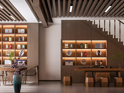 Specialty Store Interior Featuring Wooden Display Shelves Staircase Tables And Decorative Vase 3d model