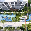 Modern Residential Landscape With High Rise Apartments Lush Green Gardens And Water Features