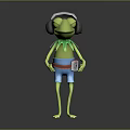 Anthropomorphic Green Frog Character Wearing Headphones Blue Shorts Red Belt And ID Card On Waist