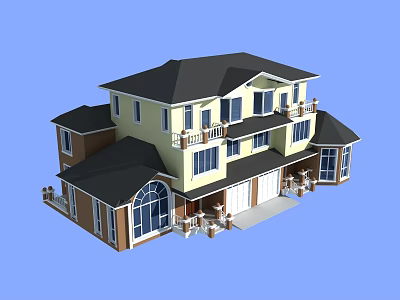 Two Story Duplex Villa With Yellow Exterior Black Roof Garage And Balconies 3d model
