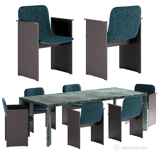 Modern Rectangular Dining Table Set With Blue Fabric Chairs And Metal Frame 3d model
