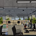 Spacious Public Office Space With Desks Computers File Cabinets Plants And Lighting 3d model