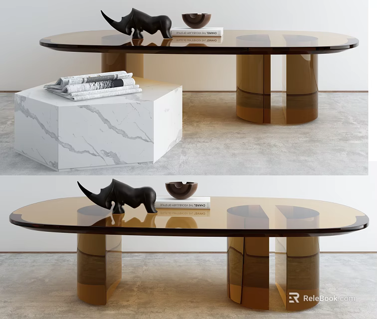 Modern Acrylic Coffee Table With Oval Top Rhinoceros Figurine Books And Bowl 3d model 