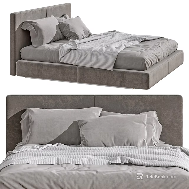 Modern Upholstered Double Bed With Striped Bedding And Soft Pillows 3d model 