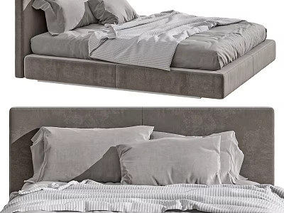 Modern Upholstered Double Bed With Striped Bedding And Soft Pillows 3d model