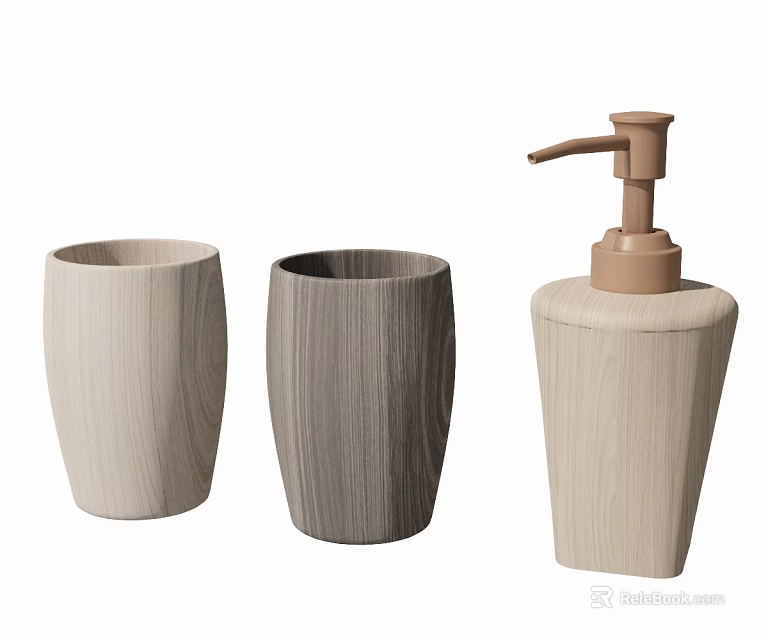 Simple Wooden Texture Bathroom Accessories with Light Beige Dark Gray Toothbrush Holders and Soap Dispenser 3d model 
