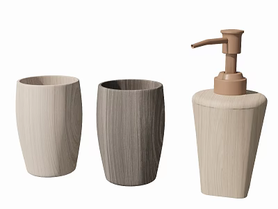 Simple Wooden Texture Bathroom Accessories with Light Beige Dark Gray Toothbrush Holders and Soap Dispenser 3d model