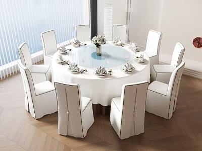 Modern Round Dining Table Set With White Tablecloth Flower Vase And White Surrounding Chairs 3d model