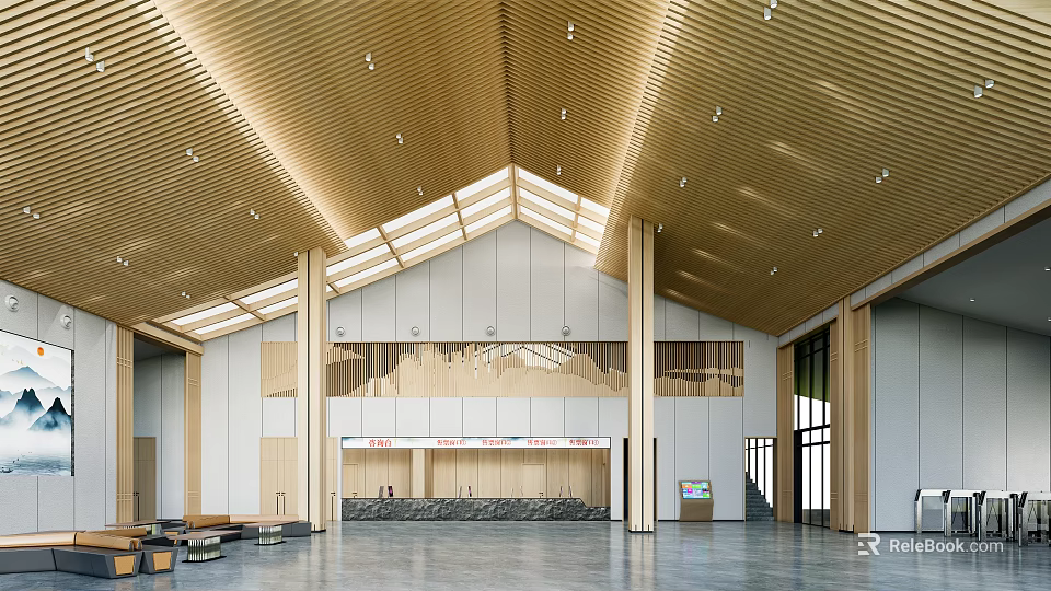 Spacious Modern Hotel Lobby With Wooden Ceiling Skylight And Marble Floor 3d model 