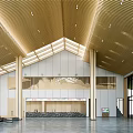 Spacious Modern Hotel Lobby With Wooden Ceiling Skylight And Marble Floor