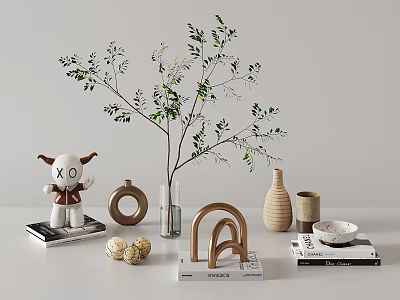 Minimalist Modern Decorative Ornament Set With Green Plant XO Toy Circular Decor And Wooden Vase 3d model